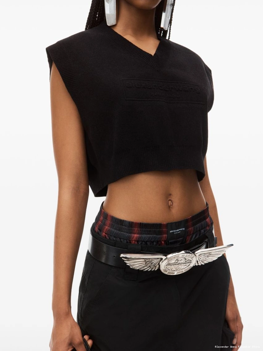 Affordable Wang Alexander knitted top cropped logo-embossed Women 0226